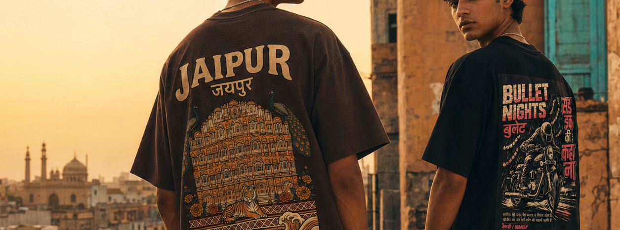 Two people wearing t-shirts with text and graphics, standing against a cityscape at sunset.